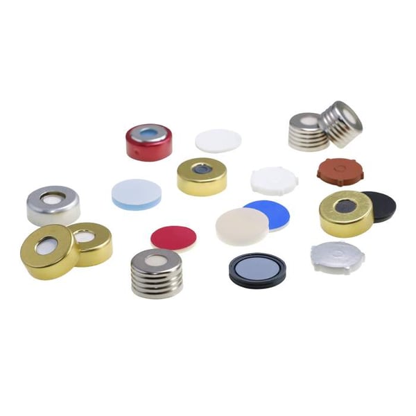 9 mm Pre-Assembled Blue Polypropylene Screw Cap with Natural PTFE/White Silicone Septa, 100/pk