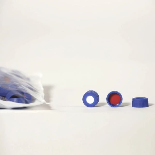 9 mm Pre-Assembled Blue Polypropylene Screw Cap with Red PTFE/White Silicone Septa, 100/pk