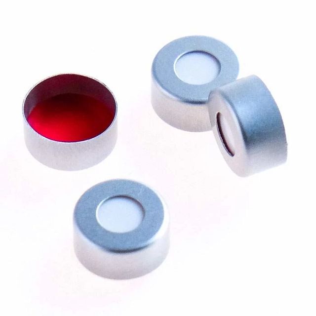 Perkin Elmer 11 mm Pre-Assembled Silver Aluminum Crimp Cap with PTFE/Silicone (Red/White) Septa, 100/pk