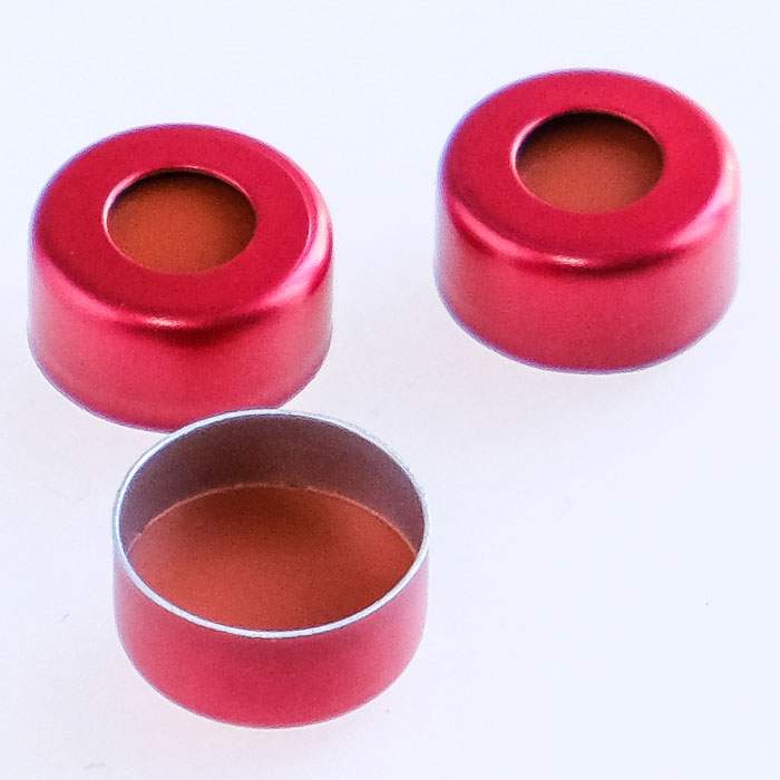 Perkin Elmer 11 mm Pre-Assembled Red Aluminum Crimp Cap with PTFE/Red Rubber Septa, 100/pk
