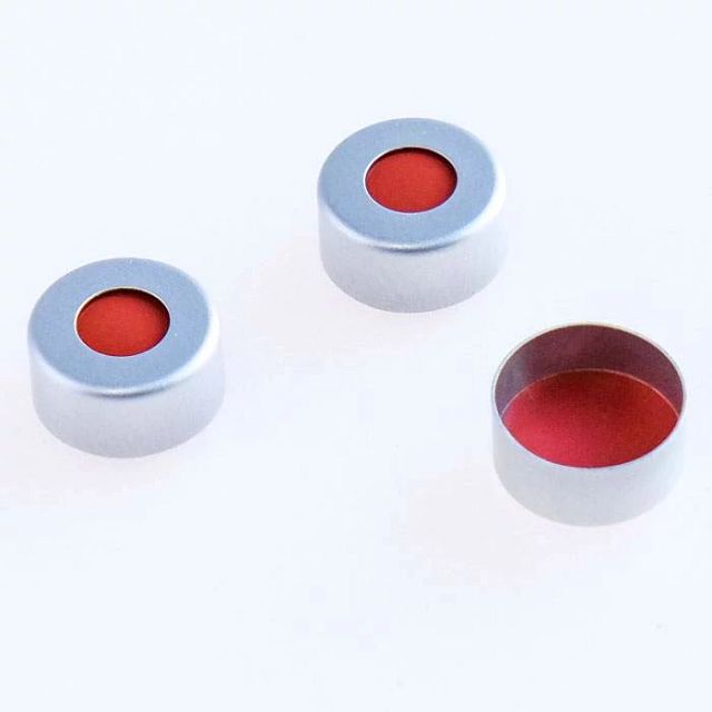 Perkin Elmer 11 mm Pre-Assembled Silver Aluminum Crimp Cap with PTFE/Red Rubber Septa, 100/pk