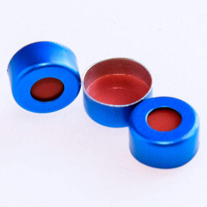 Perkin Elmer 11 mm Pre-Assembled Blue Aluminum Crimp Cap with PTFE/Red Rubber Septa, 100/pk